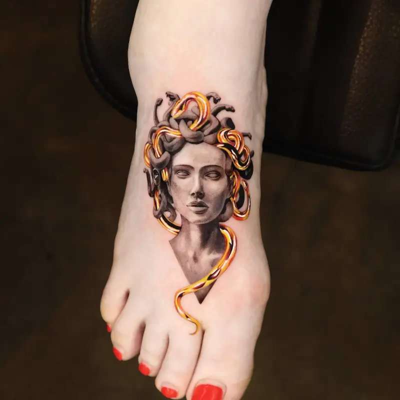Medusa Statue Tattoo With Gold Accent