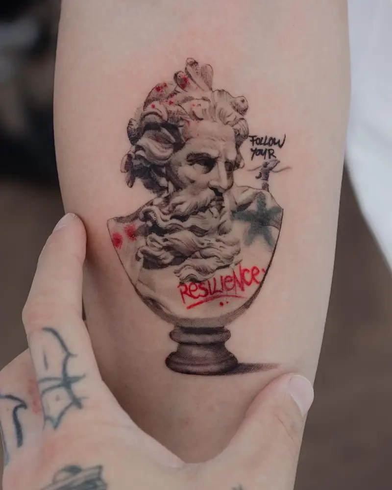 Micro Realism Poseidon Bust Tattoo