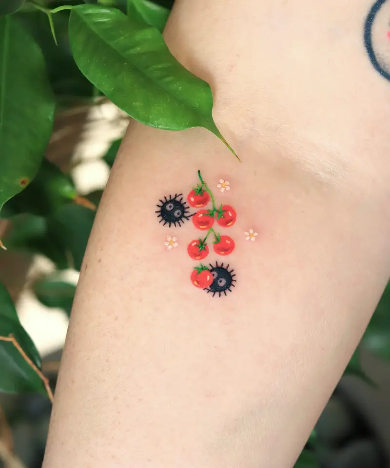 Micro Realism Soot Sprite Cherry Tomato Tattoo