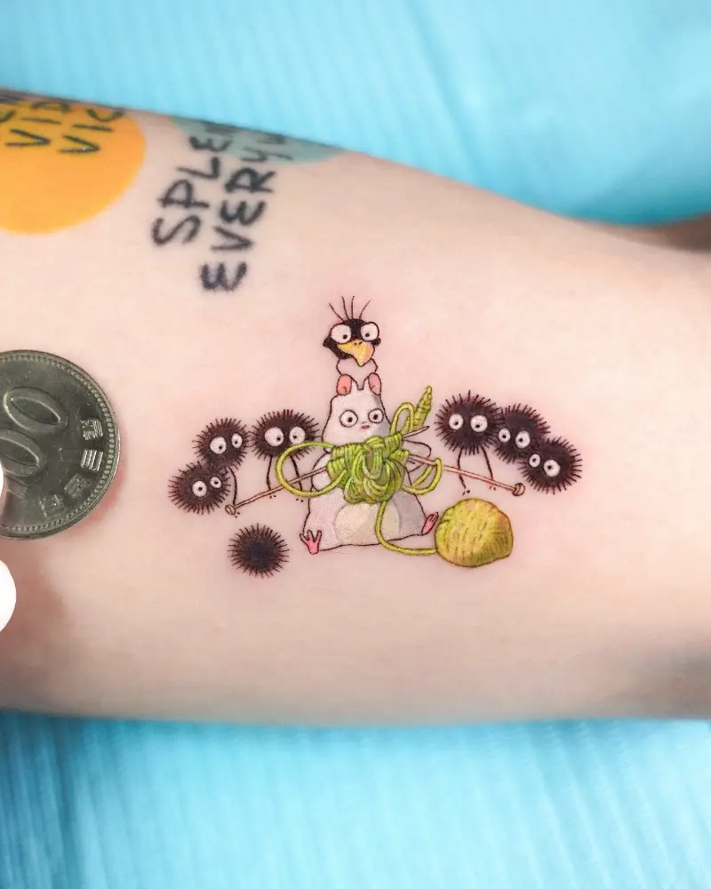 Micro Realism Soot Sprite & Totoro Knitting Tattoo