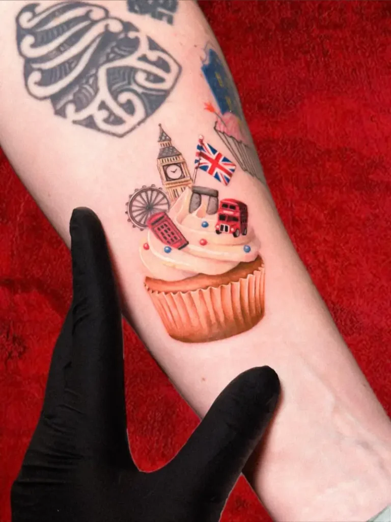 Micro Realistic London Landmark Cupcake Tattoo