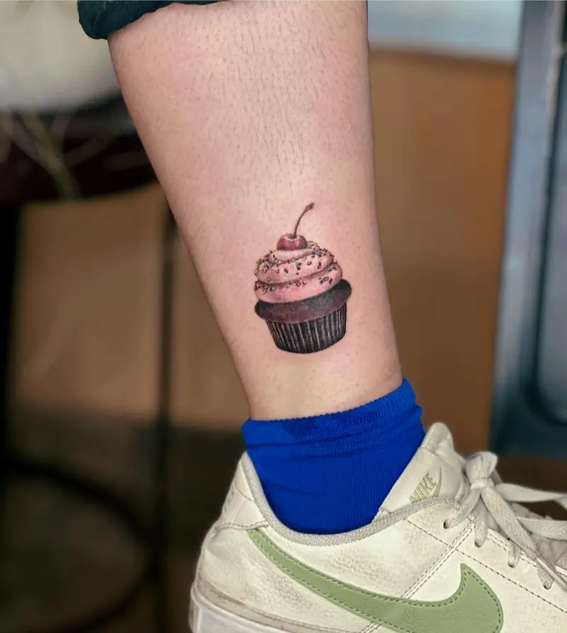 Mini Realistic Cherry Sprinkle Cupcake Tattoo