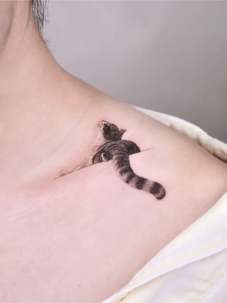 Minimal Collarbone Cat Portrait Tattoo