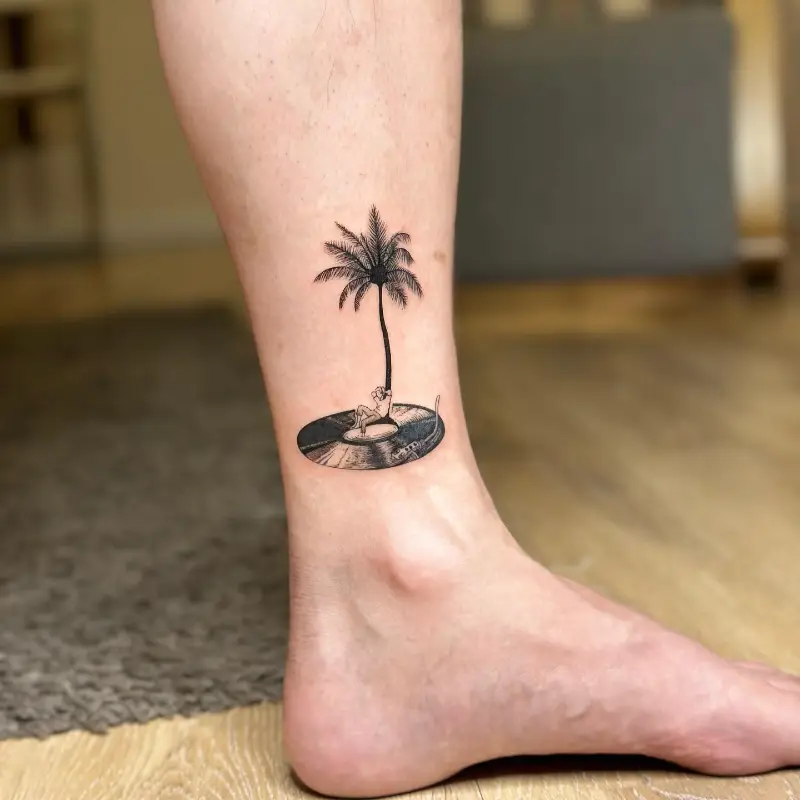 Minimal Tropical Record Player Tattoo