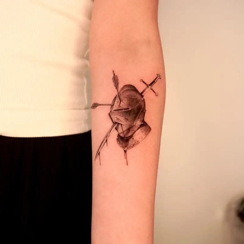 Minimalist Medieval Bascinet Helmet Tattoo