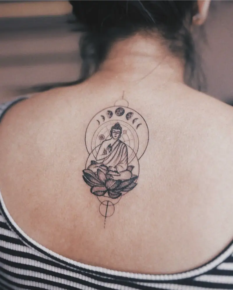 Moon Phase Buddha Back Tattoo