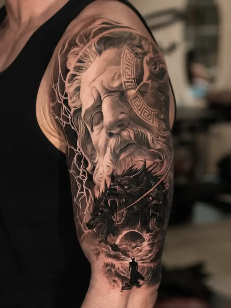 Mythological Cerberus & Zeus Sleeve Tattoo