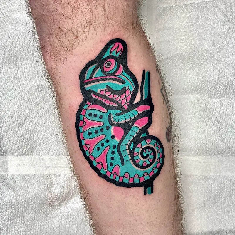Neo-Traditional Chameleon Branch Tattoo