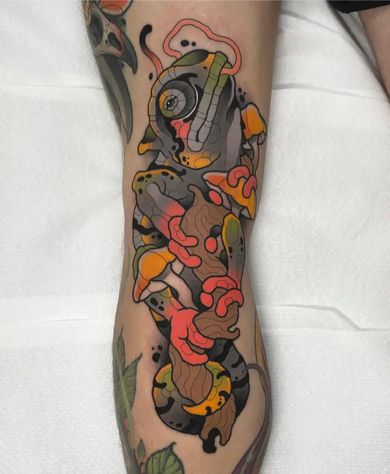 Neo-Traditional Chameleon Mushroom Tattoo