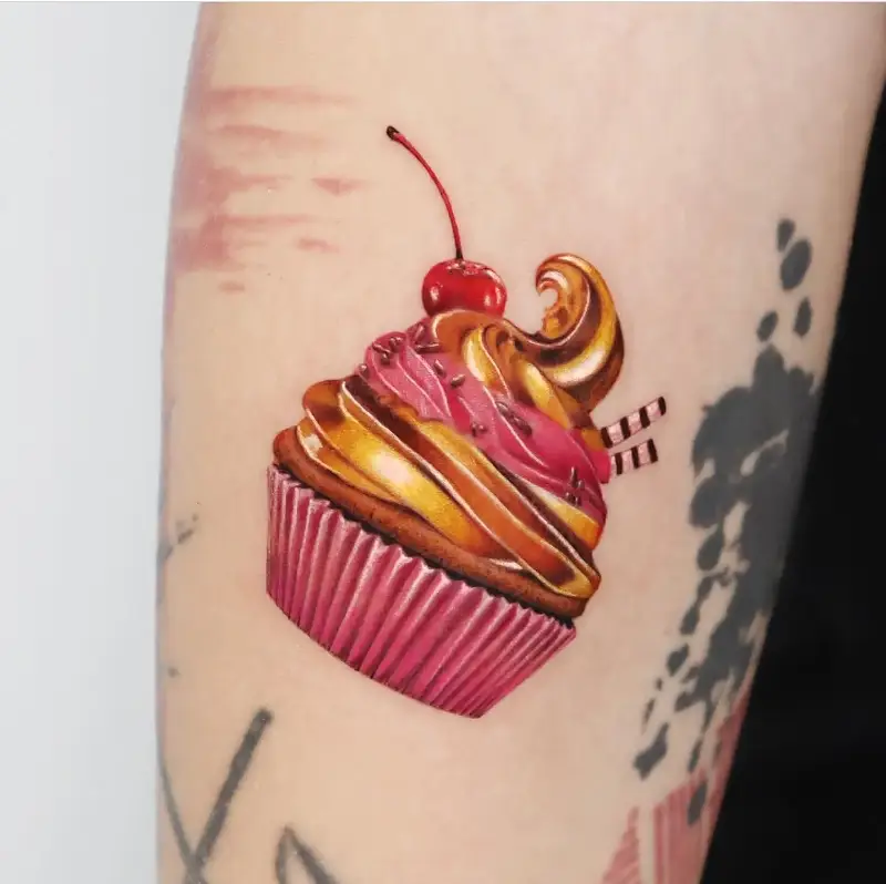 Neo-Traditional Chocolate Cherry Cupcake Tattoo
