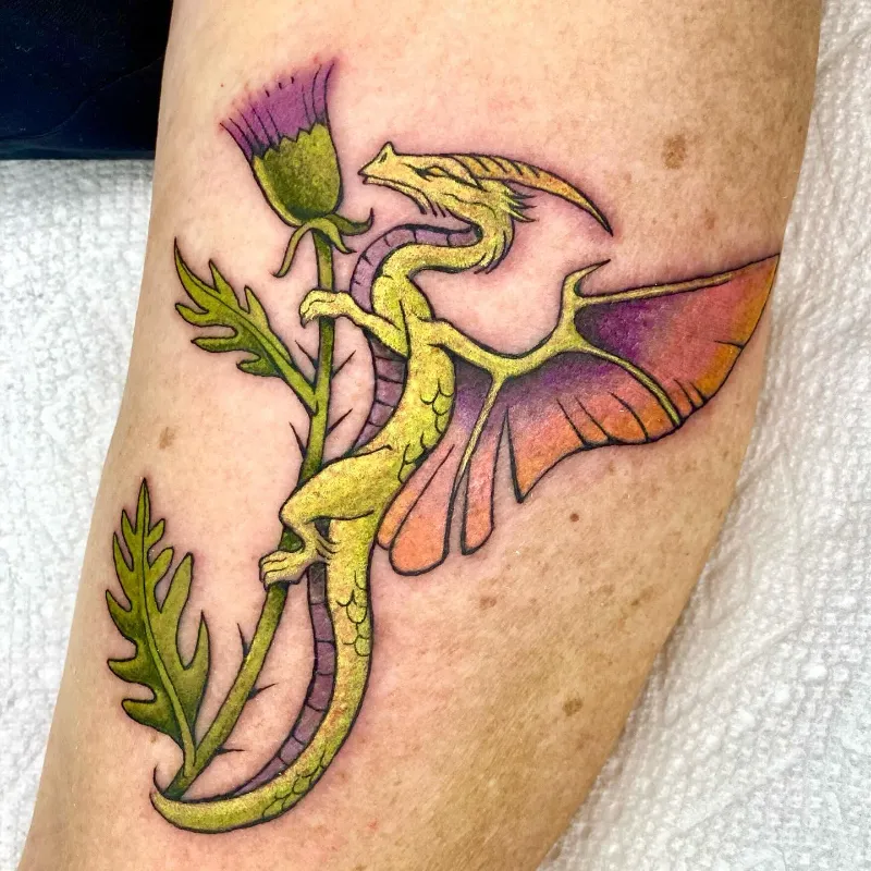 Neo Traditional Dragon and Thistle Tattoo