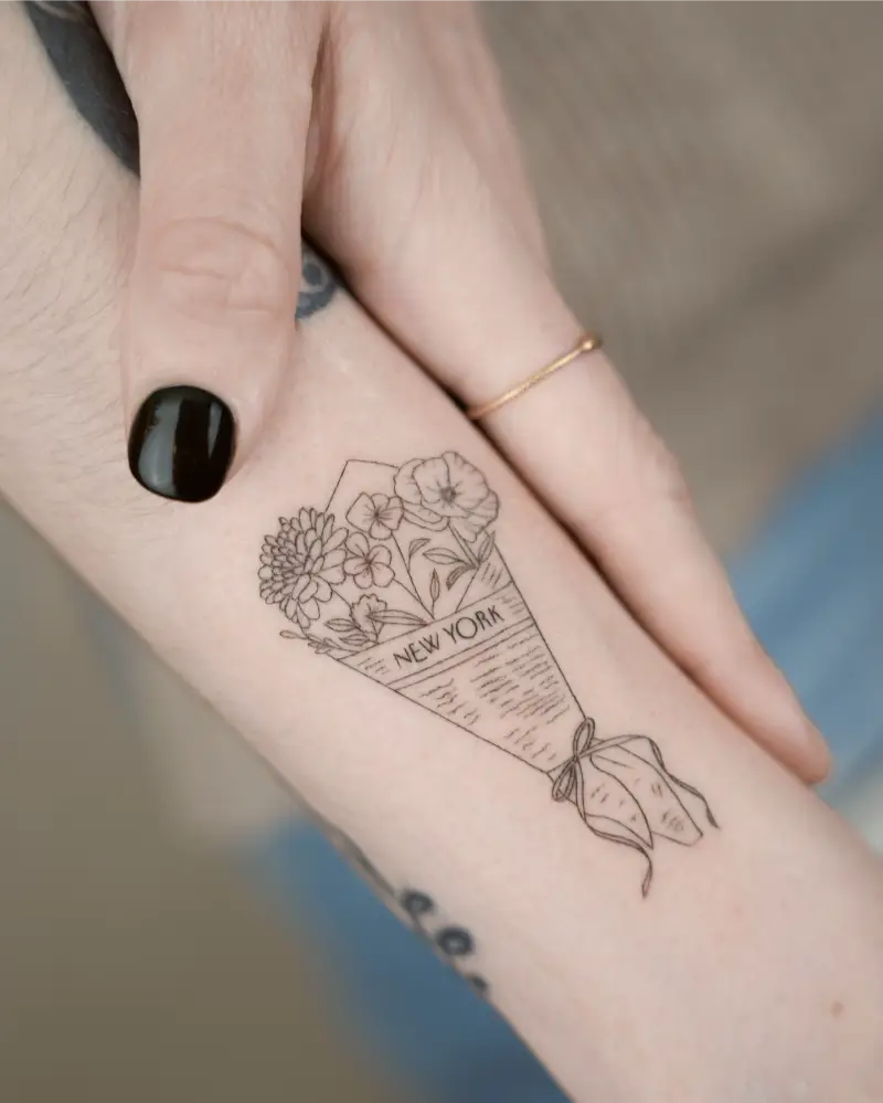 New York Paper Wrapped Bouquet Tattoo