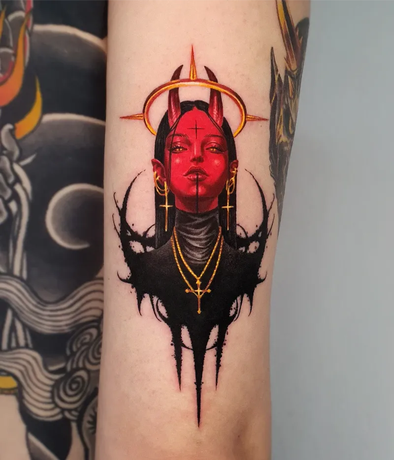 Occult Halo Devil Woman Tattoo