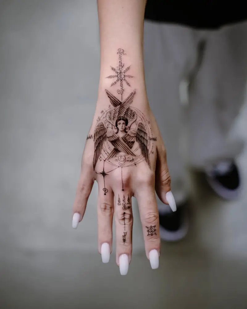 Ornamental Archangel Hand Tattoo