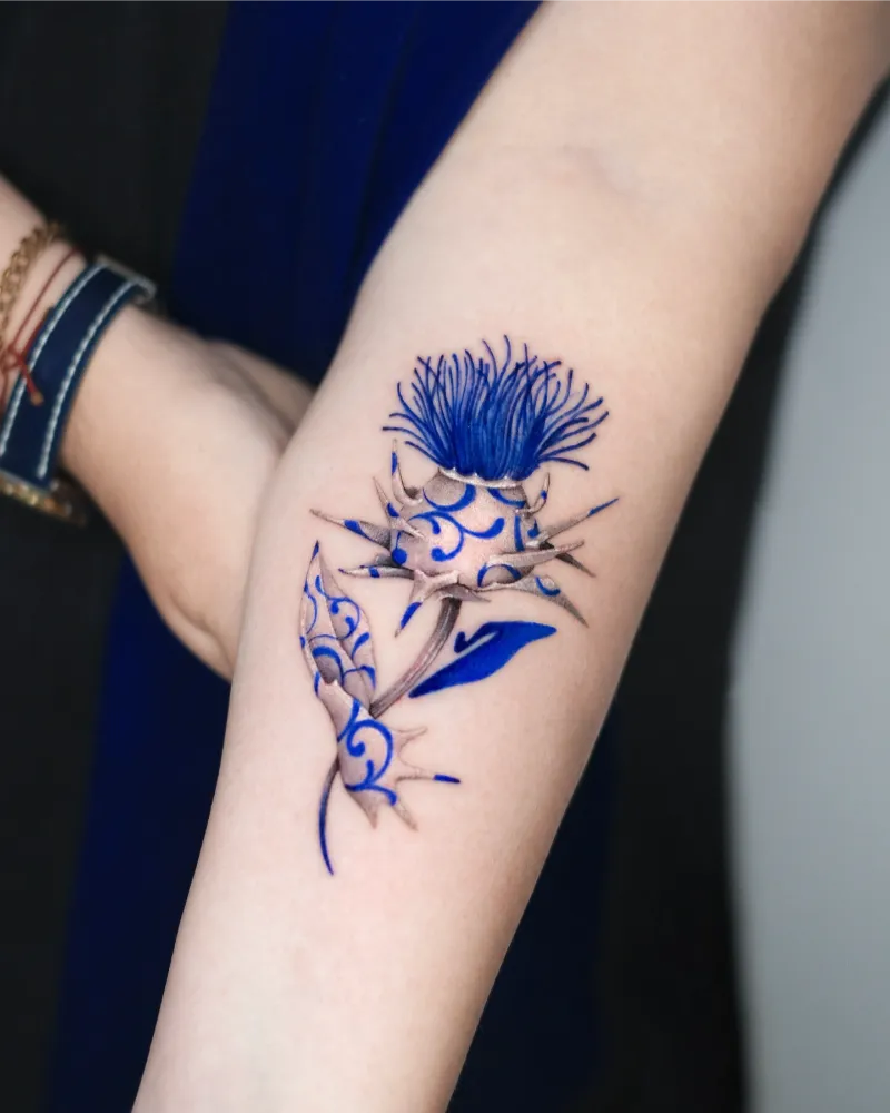 Blue Porcelain Thistle Tattoo