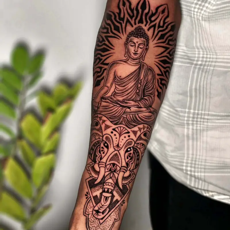 Ornamental Elephant Buddha Sleeve Tattoo
