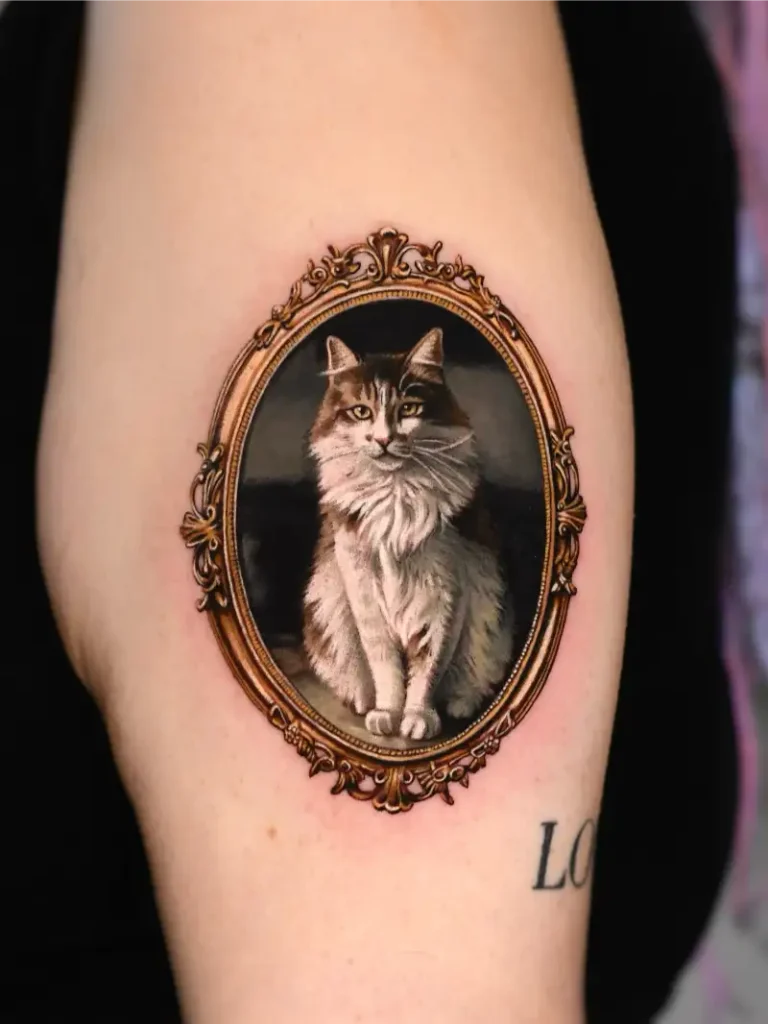 Ornamental Framed Cat Portrait Tattoo
