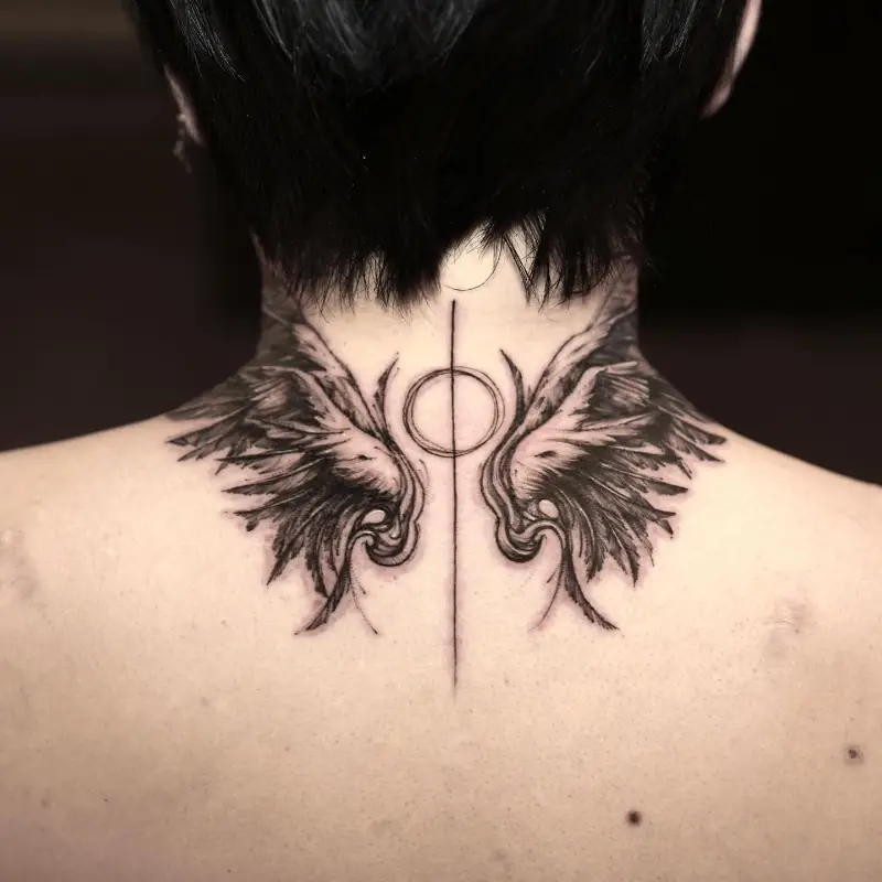 Ornamental Neck Angel Wings Tattoo