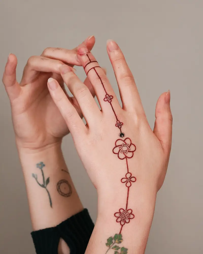 Ornamental Red Thread Hand Tattoo
