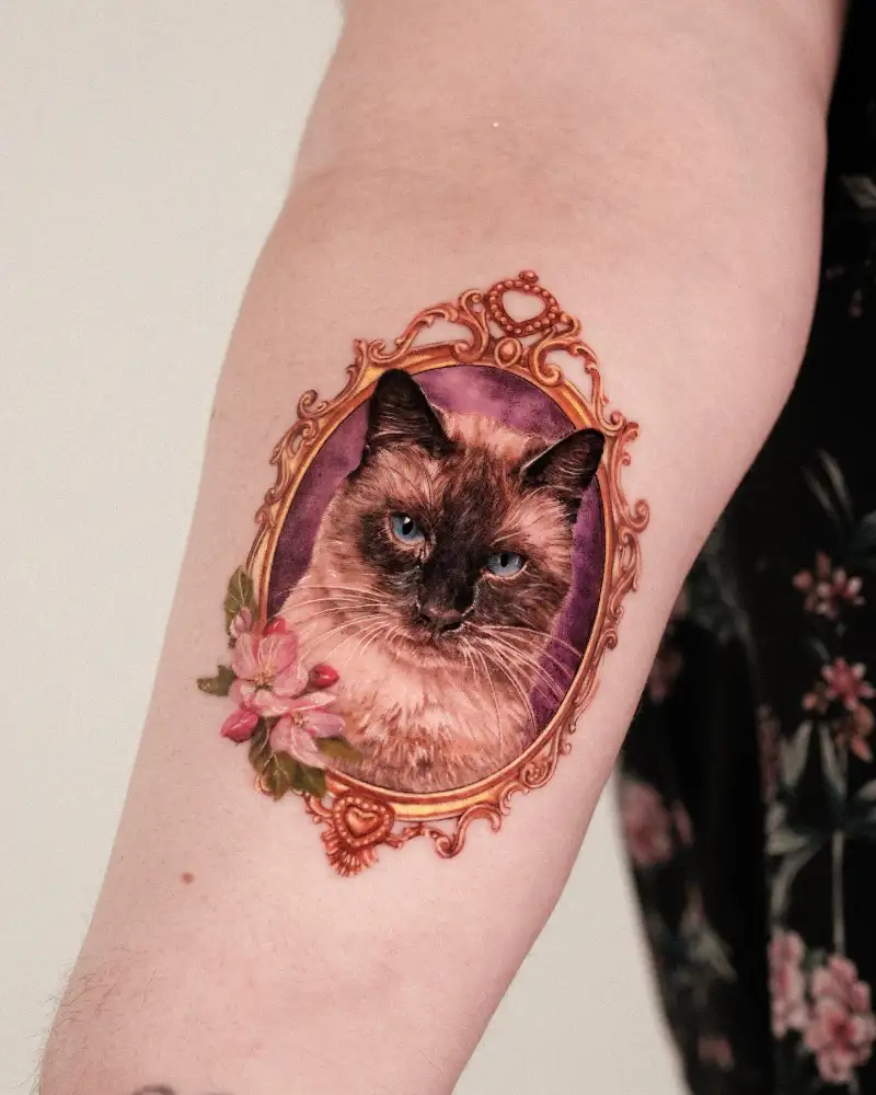 Ornamental Siamese Cat Portrait Tattoo