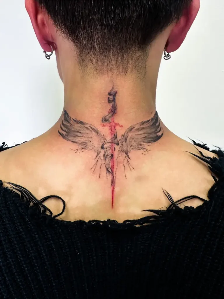 Painterly Winged Sword Neck Tattoo