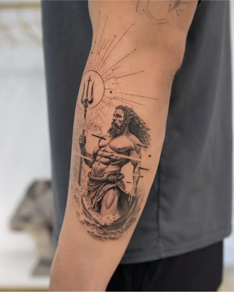 Poseidon Ocean Warrior Realistic Tattoo