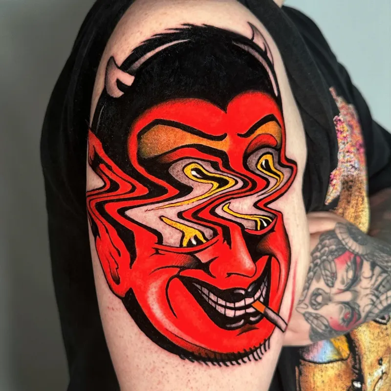 Psychedelic Distortion Devil Face Tattoo