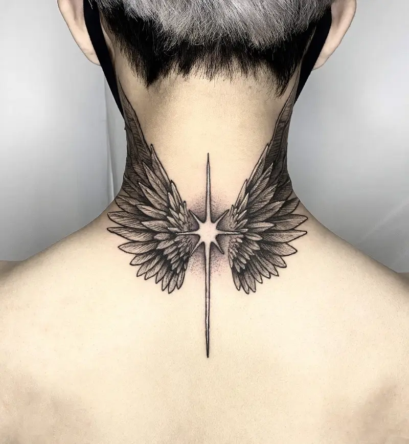 Radiant Star Neck Wings Tattoo