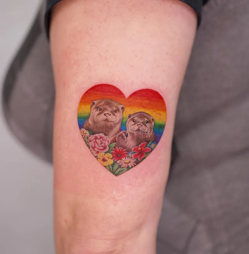 Rainbow Heart Frame Otter Tattoo