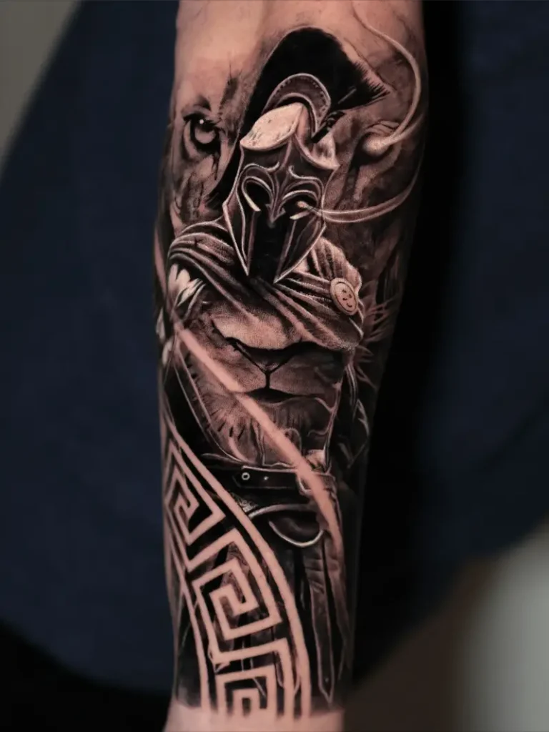 Realistic Ares Lion Forearm Tattoo