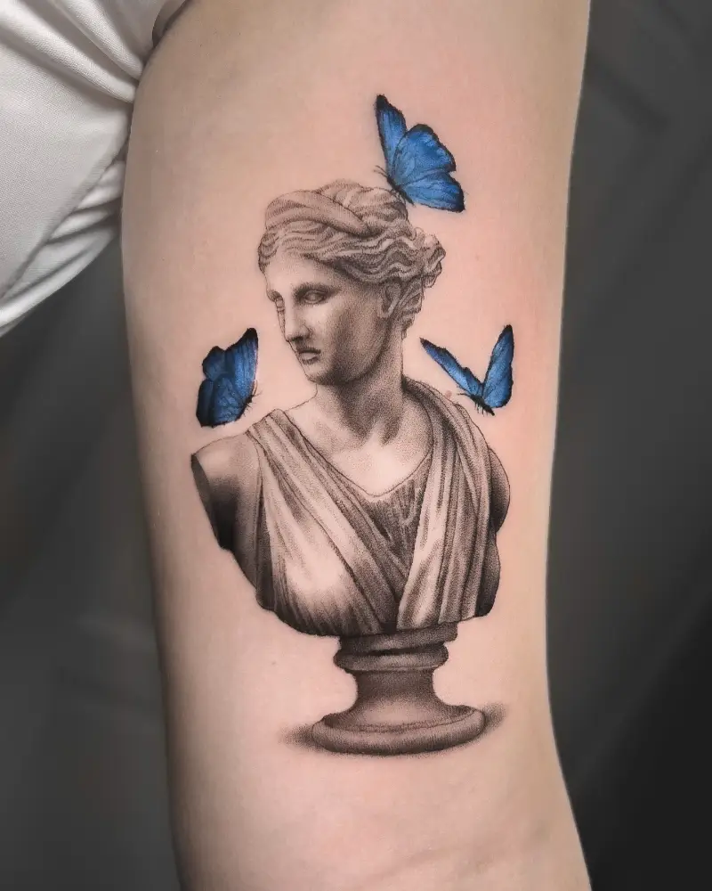 Realistic Artemis Statue Butterfly Tattoo