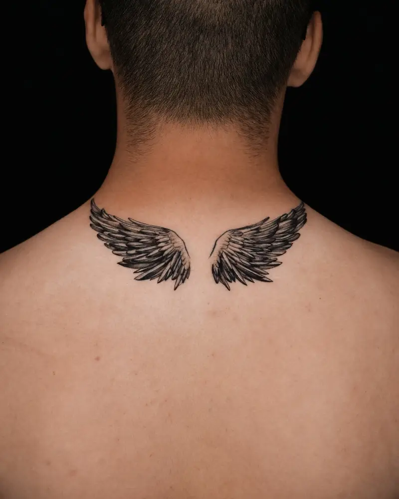 Realistic Black and Grey Angel Wings Back Tattoo