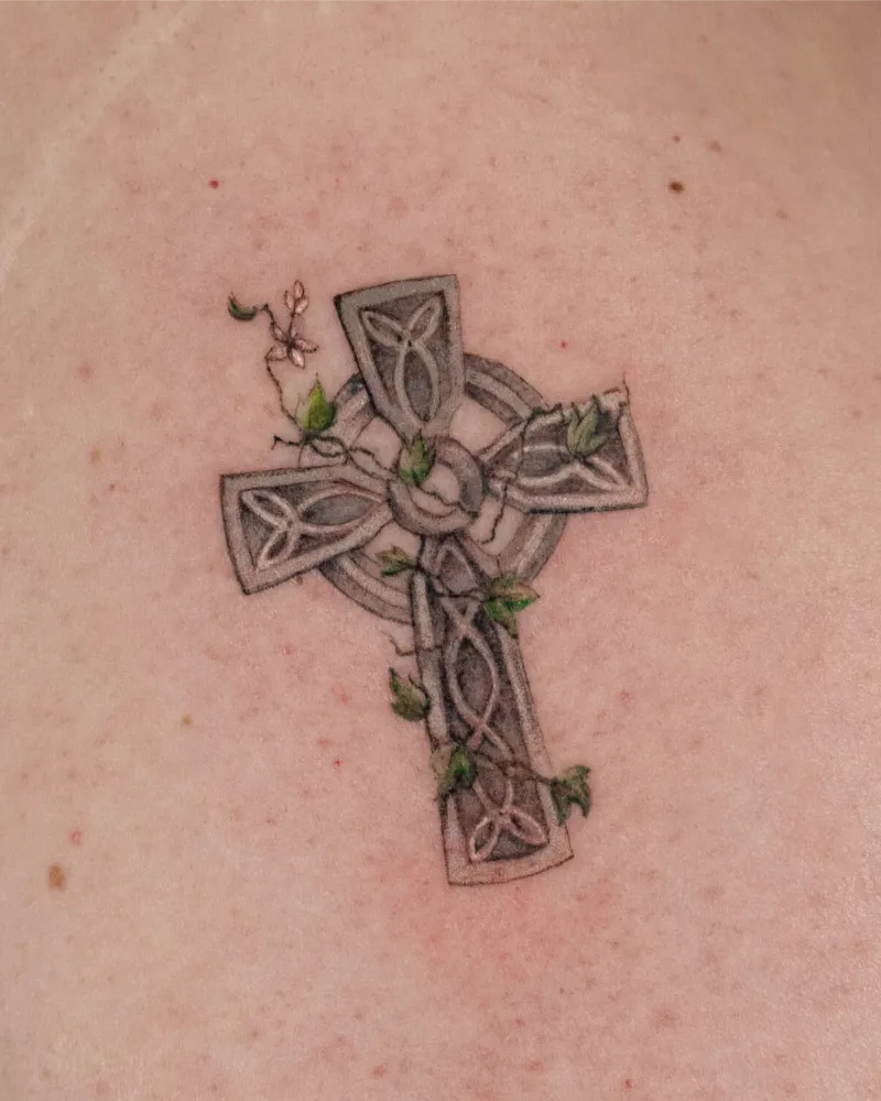 Realistic Celtic Cross With Ivy Tattoo