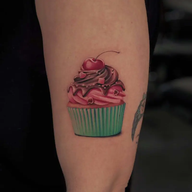 Realistic Chocolate Cherry Cupcake Tattoo