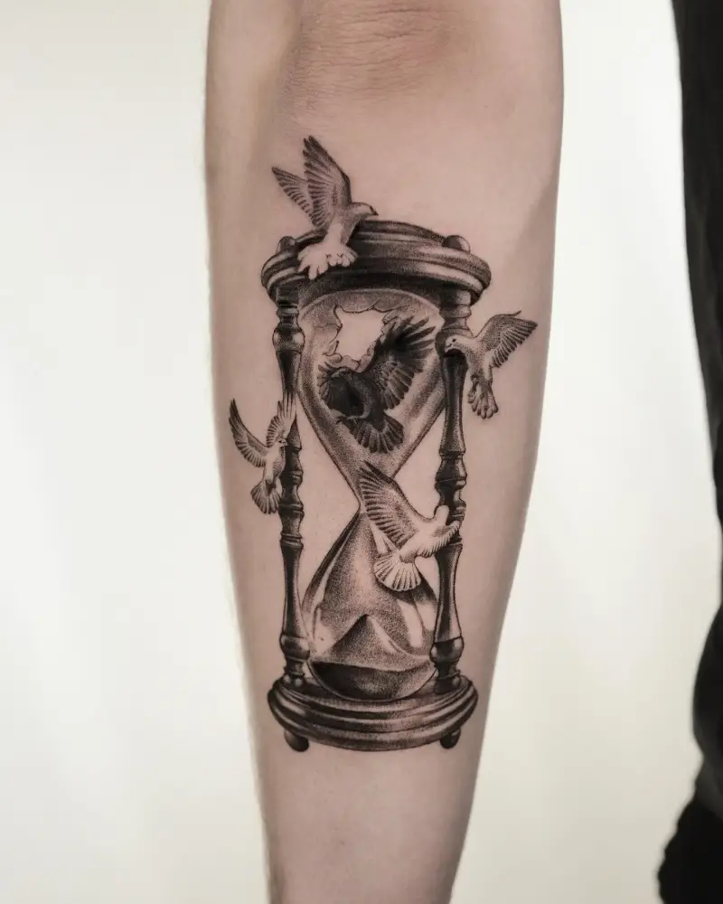 Realistic Dove Hourglass Tattoo