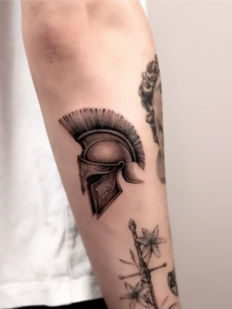 Realistic Greek Hoplite Helmet Tattoo