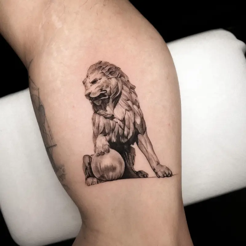 Realistic Guardian Lion Statue Tattoo