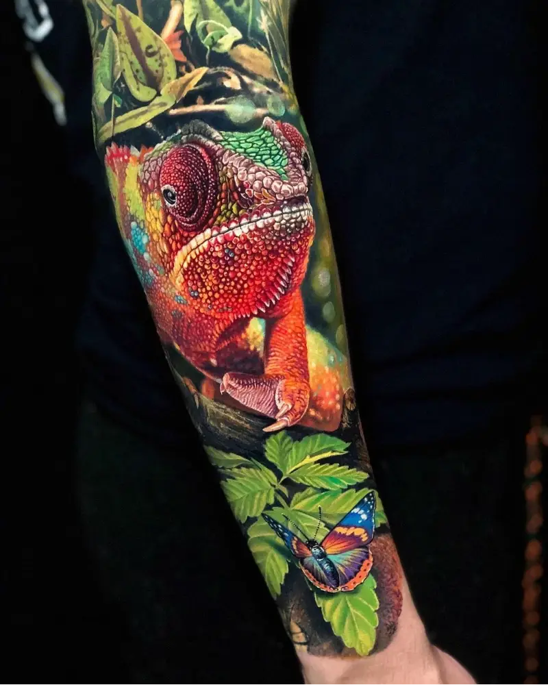 Realistic Jungle Scene Chameleon Tattoo