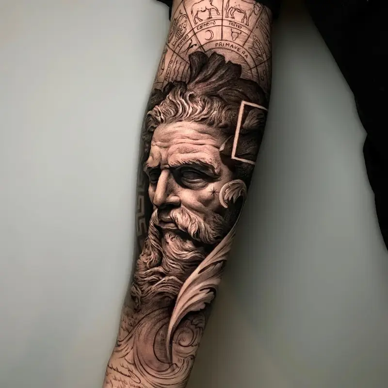 Realistic Poseidon Statue Sleeve Tattoo