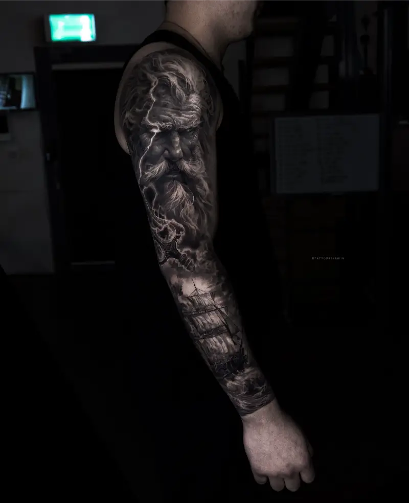 Realistic Poseidon Storm Sleeve Tattoo