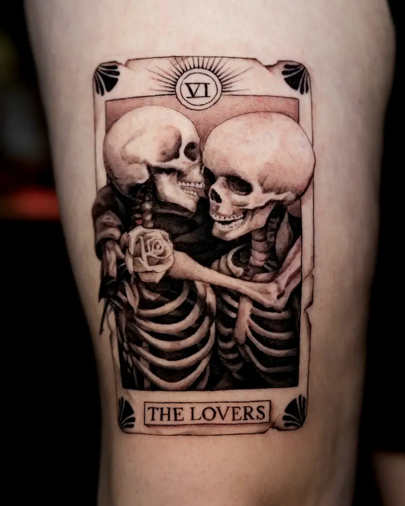Realistic Skeleton Lovers Tarot Card Tattoo