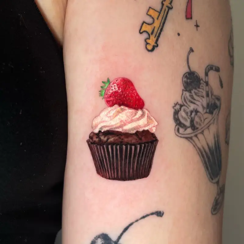 Realistic Strawberry Chocolate Cupcake Tattoo