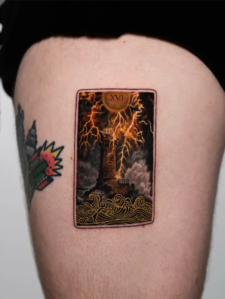 Realistic Lighthouse Tarot Card Tattoo