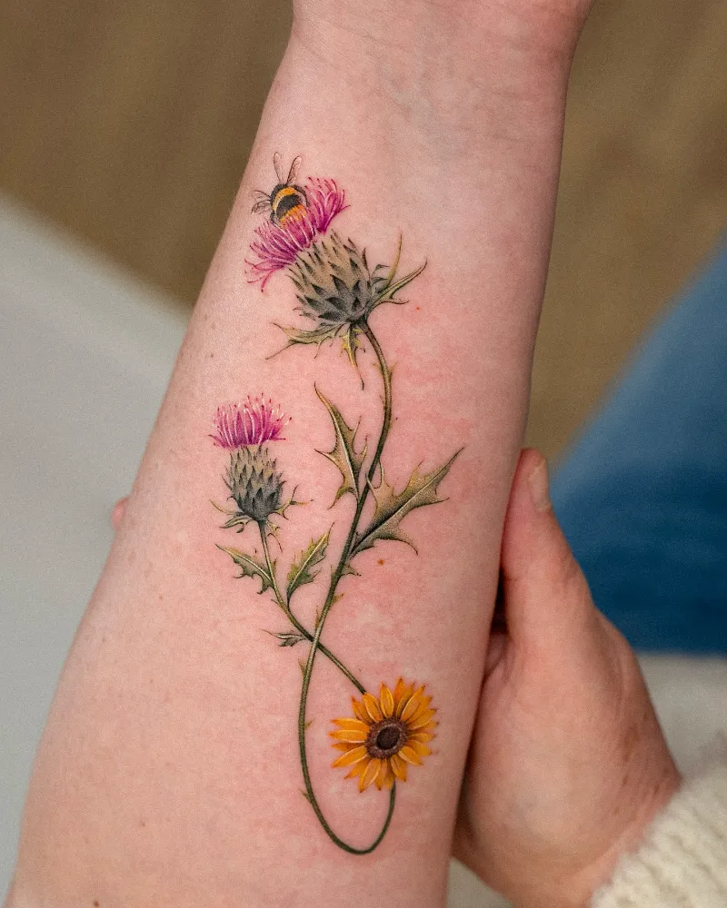Realistic Thistle and Bee Tattoo