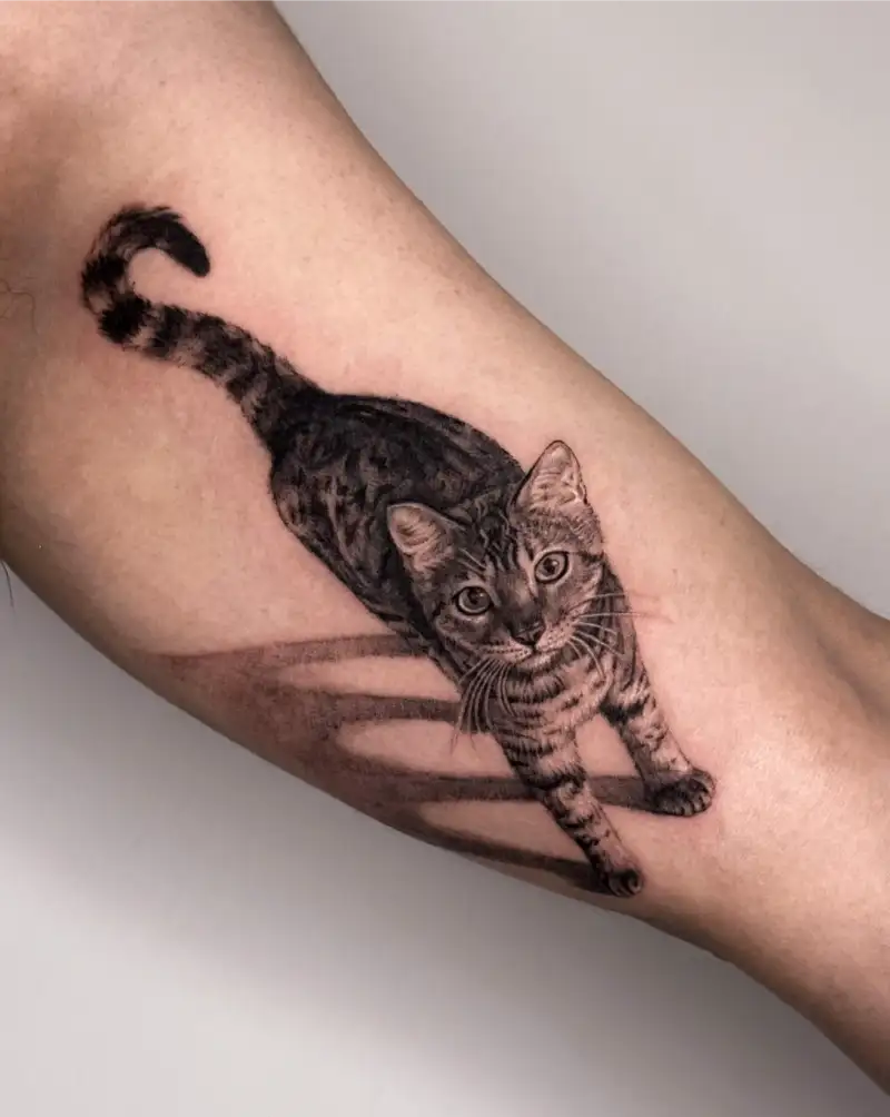 Realistic Walking Cat Portrait Tattoo