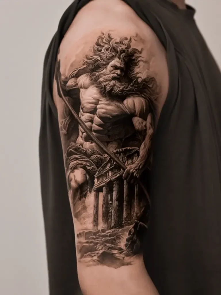 Realistic Warrior Poseidon Sleeve Tattoo