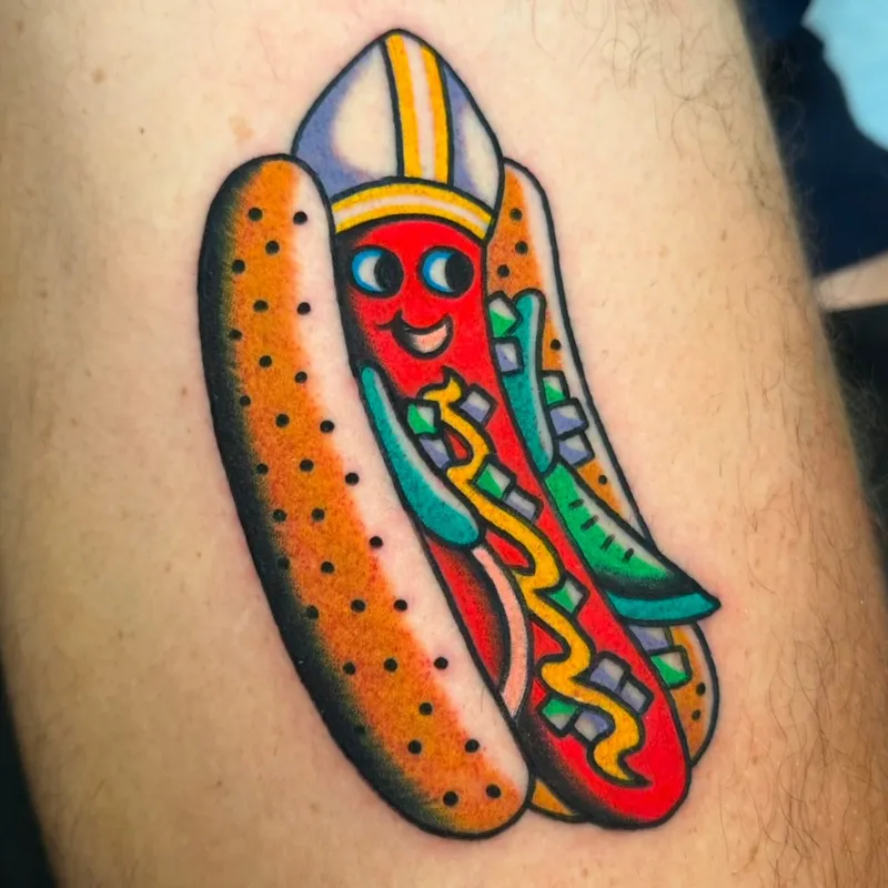 Religious Hot Dog Character Tattoo