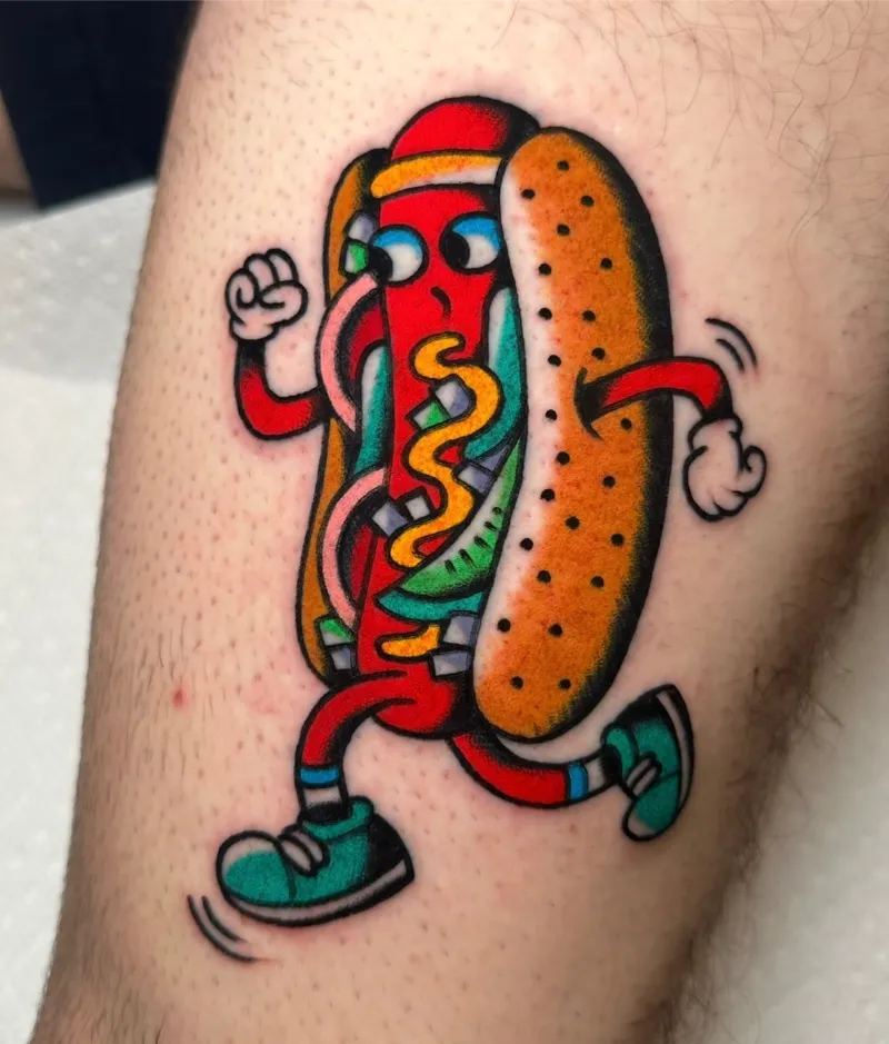 Running Hot Dog Character Tattoo