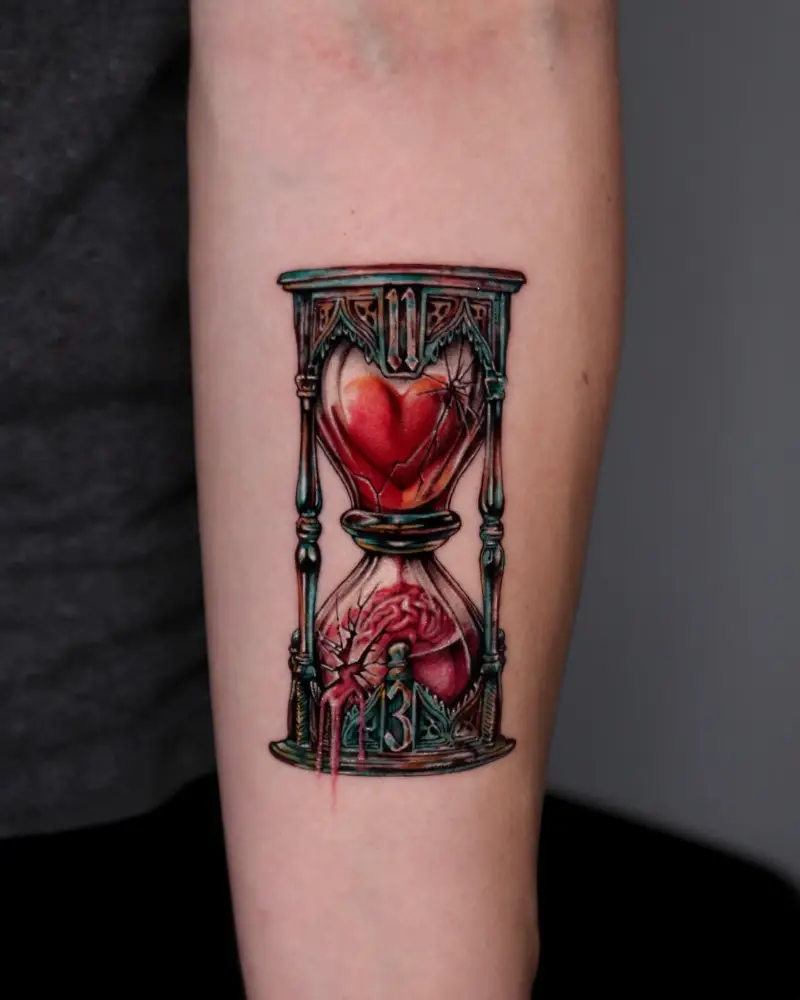Rustic Broken Heart Hourglass Tattoo