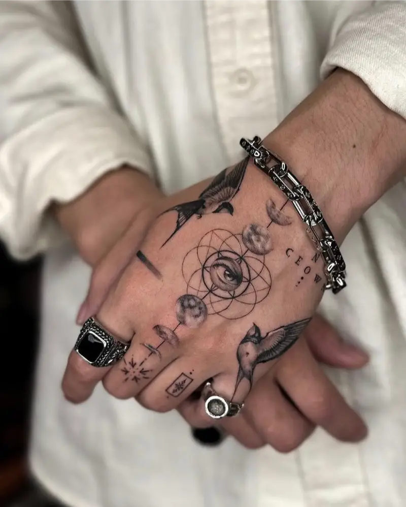 Sacred Geometry, Eye & Swallows Hand Tattoo